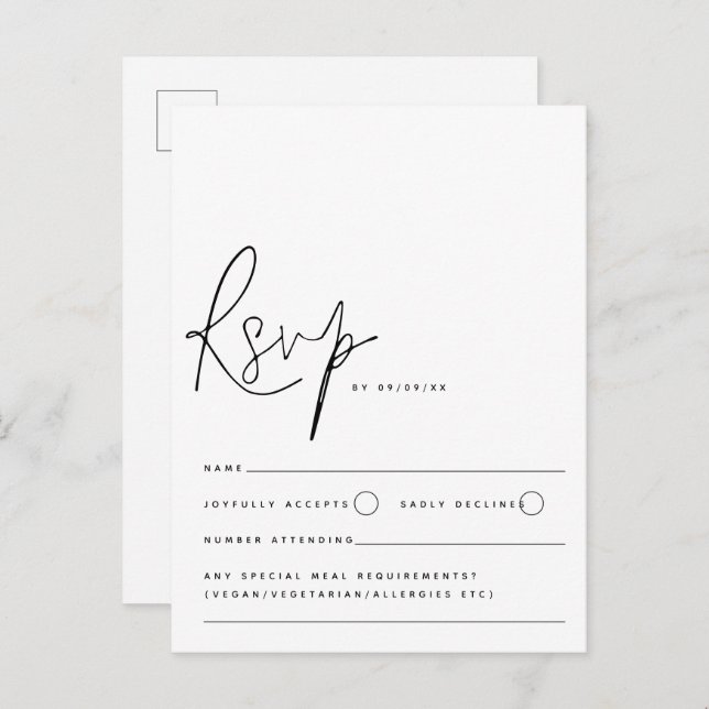 RSVP für Minimalistische Schwarz-weiße Script-Hoch Postkarte (Vorne/Hinten)
