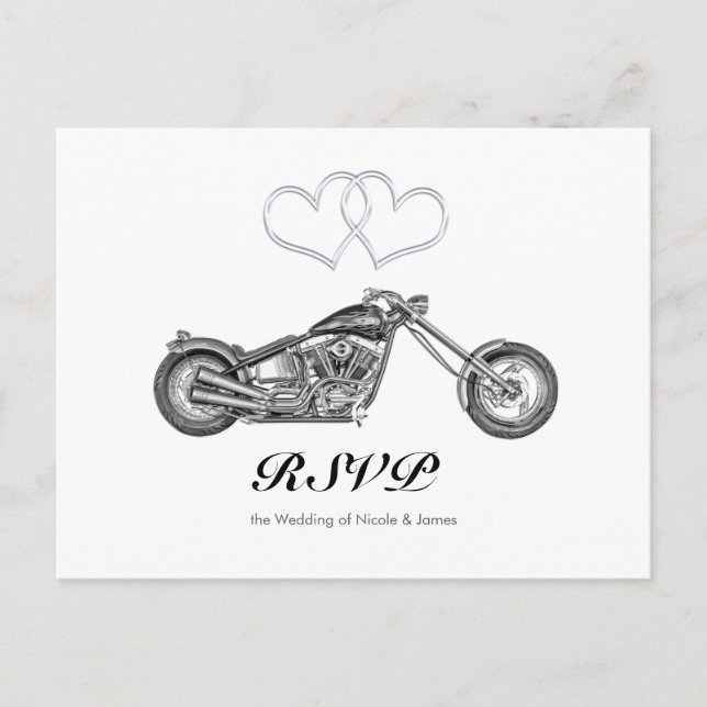 RSVP für Motorrad- und Silberherz-Hochzeit Einladungspostkarte (Vorderseite)