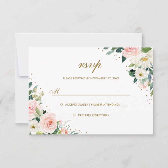 RSVP: Gold Botanical Blush Floral Wedding RSVP Karte (Vorderseite)
