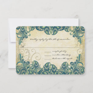 RSVP (Green Navy Blue and Gold Peacock Wedding) Karte