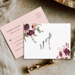RSVP Herbst Romance Watercolor Floral Wedding Postkarte<br><div class="desc">Diese Hochzeitsrockkarte mit Aquarellbouquets aus Dahlien,  Rose aus dem Garten und Pony in Bordeaux,  Maron,  Rosa über den Herbstlauben. Klicken Sie auf die SCHALTFLÄCHE BLAUE DESIGN TOOL,  um eine erweiterte Anpassung dieses Designs zu erhalten. Matching-Elemente sind ebenfalls verfügbar.</div>
