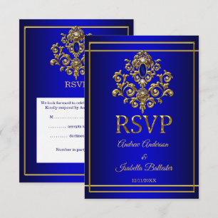 RSVP Hochzeit Elegant Royal Blau Gold Juwel 2 Einladung