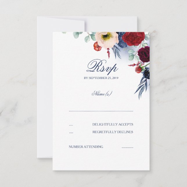 RSVP-Hochzeit in Burgund Rot und Navy Blue Floral RSVP Karte (Vorderseite)