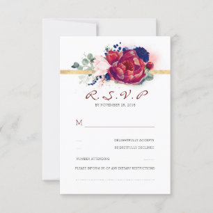 RSVP-Hochzeit in Burgund Rot und Navy Blue Floral RSVP Karte