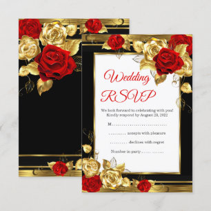 RSVP Hochzeit Rot Gold Rosen Schwarz Gold Foto Karte