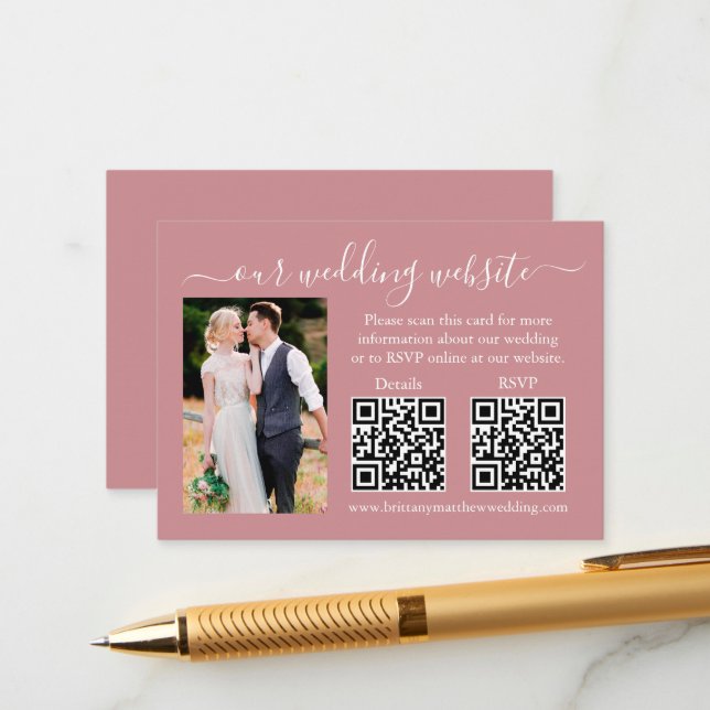 RSVP-Hochzeitdetails Foto 2 QR Dusty-Rose Begleitkarte (Vorderseite/Rückseite Beispiel)