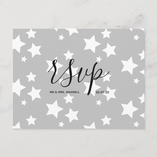 Rsvp-Hochzeitkarte | Graue Sterne Script Postcard Einladungspostkarte (Vorderseite)