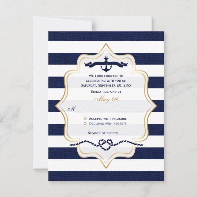RSVP-Hochzeitkarte | Navy, White Imitats Burlap St Einladung (Vorderseite)