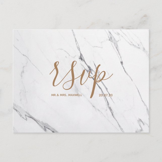 Rsvp-Hochzeitkarte | White Gold Marmor Script Einladungspostkarte (Vorderseite)