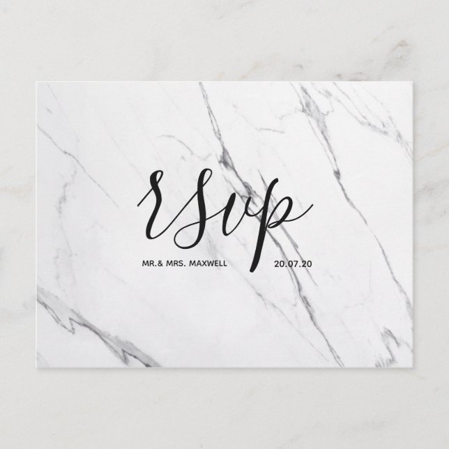 Rsvp-Hochzeitkarte | White Marble Script Postcard Einladungspostkarte (Vorderseite)