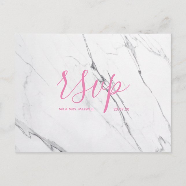Rsvp-Hochzeitkarte | White Pink Marble Script Einladungspostkarte (Vorderseite)