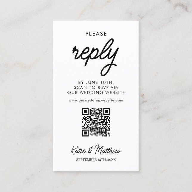 RSVP-Hochzeitskarte mit QR-Code minimal einfach Visitenkarte (Vorderseite)
