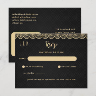 RSVP-Hochzeitszeitszitat für Black Gold Lace für p Postkarte