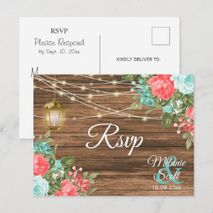 RSVP - Holz, Laterne und Türkis, Korallen Blumenho Postkarte