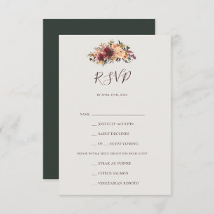 RSVP-Karte des Burgundy Orange Blumenmenüs RSVP Karte