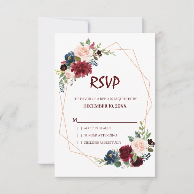 RSVP-Karte des Burgundy Red Navy Floral Geometric RSVP Karte (Vorderseite)