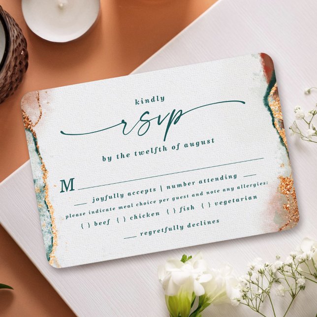RSVP-Karte für abstrakte Aquamarine Kupferhochzeit RSVP Karte (Elegant Teal and Copper Wedding Meal Choice RSVP Cards)