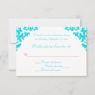 RSVP-Karte für Aqua, White und Red Damask RSVP Karte