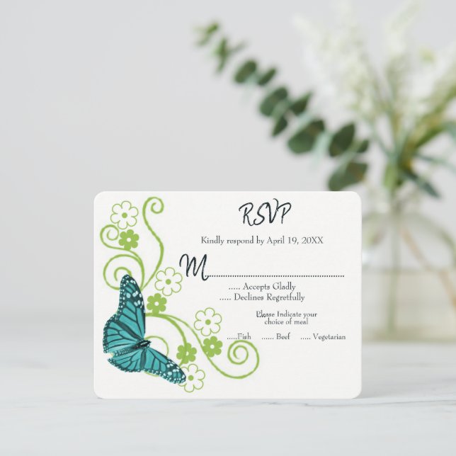 RSVP-Karte für aquamarine Butterfly-Blumenzehen RSVP Karte (Stehend Vorderseite)