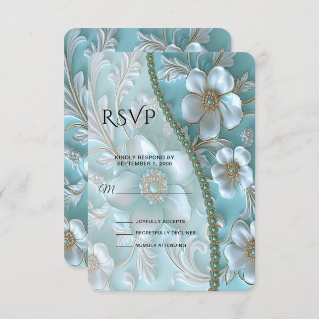 RSVP-Karte für aquamarine weiße Blüten RSVP Karte (Vorne/Hinten)