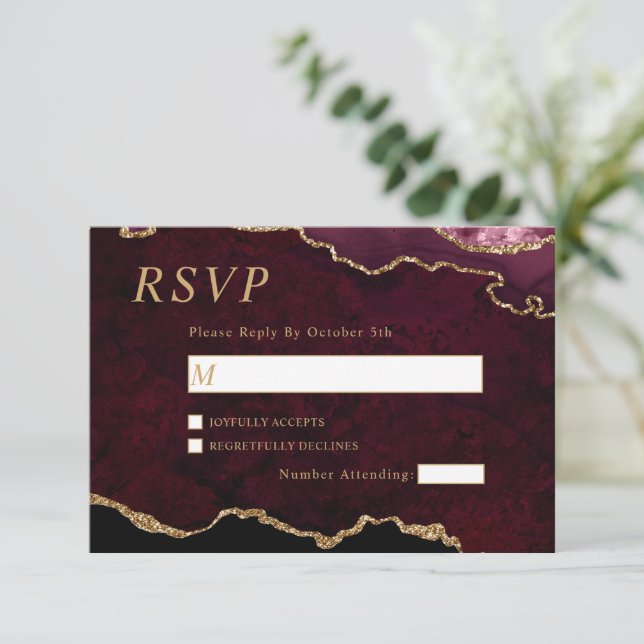 RSVP-Karte für Black & Burgund Gold RSVP Karte (Stehend Vorderseite)