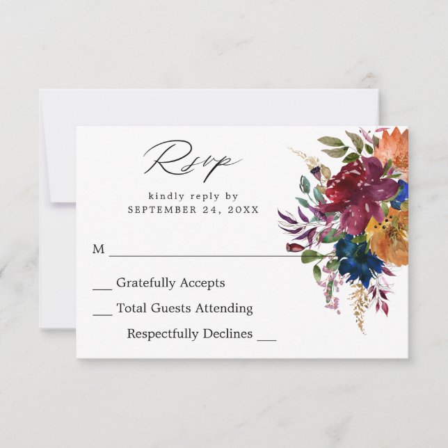 RSVP-Karte für Burgund & Navy Fall Floral RSVP Karte (Vorderseite)