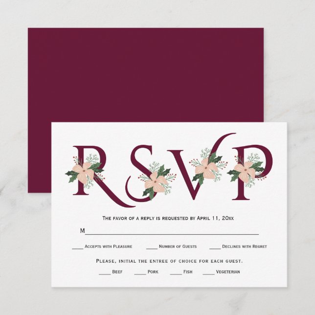 RSVP-Karte für Burgund und Blume RSVP Karte (Vorne/Hinten)