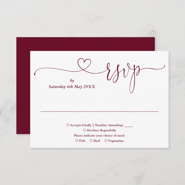 RSVP-Karte für Burgund und Weißes Script RSVP Karte (Vorne/Hinten)