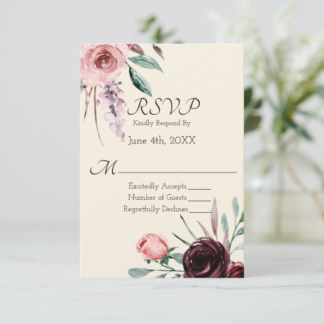 RSVP-Karte für Creme und Burgund-Floral Wedding RSVP Karte (Stehend Vorderseite)