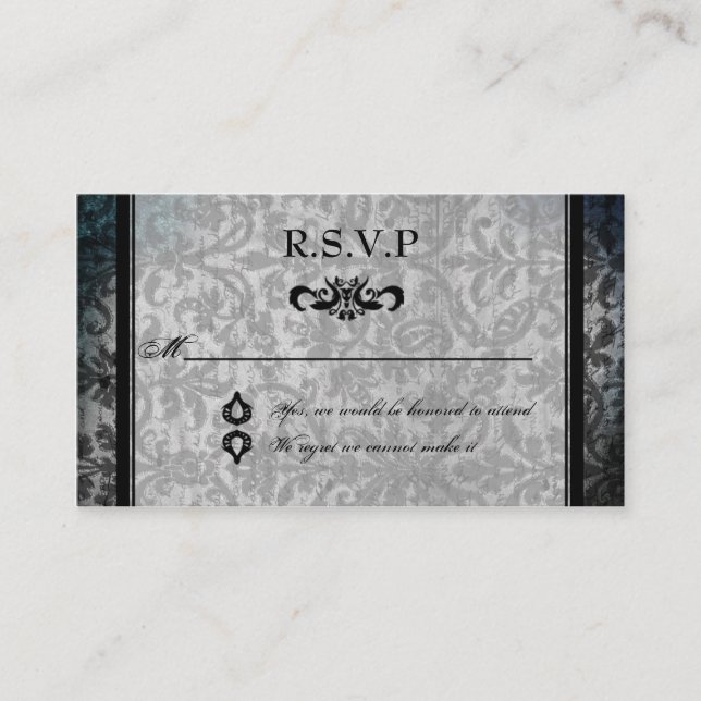 RSVP-Karte für den extravaganten Black Damask Mono Begleitkarte (Vorderseite)