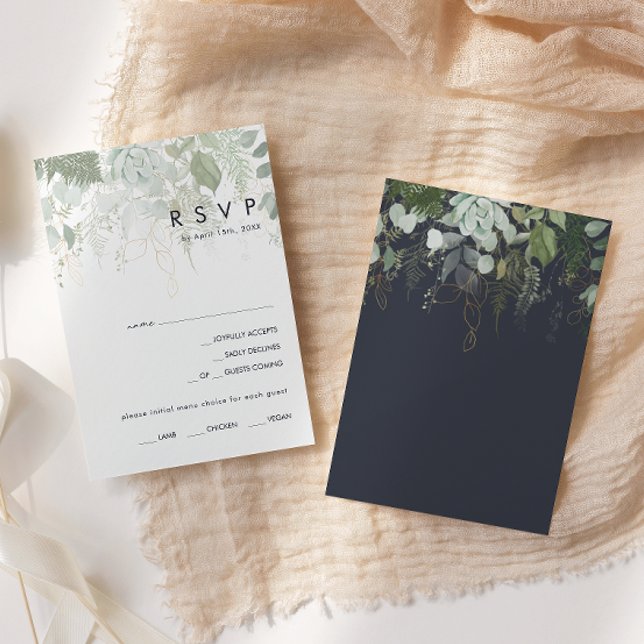 RSVP Karte für die "Greenery and Gold Leaf Navy" (Von Creator hochgeladen)