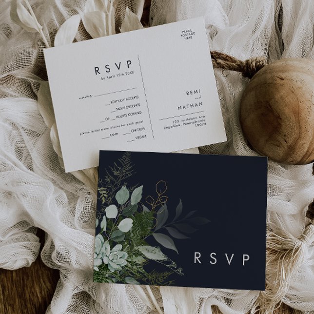 RSVP Karte für die "Greenery and Gold Leaf Navy" (Von Creator hochgeladen)