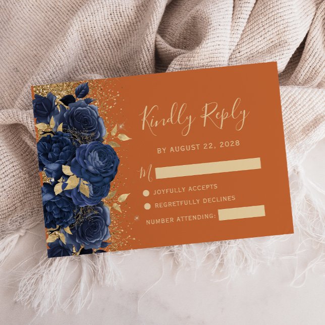 RSVP-Karte für die Hochzeit von Navy Gold Floral B RSVP Karte (Von Creator hochgeladen)