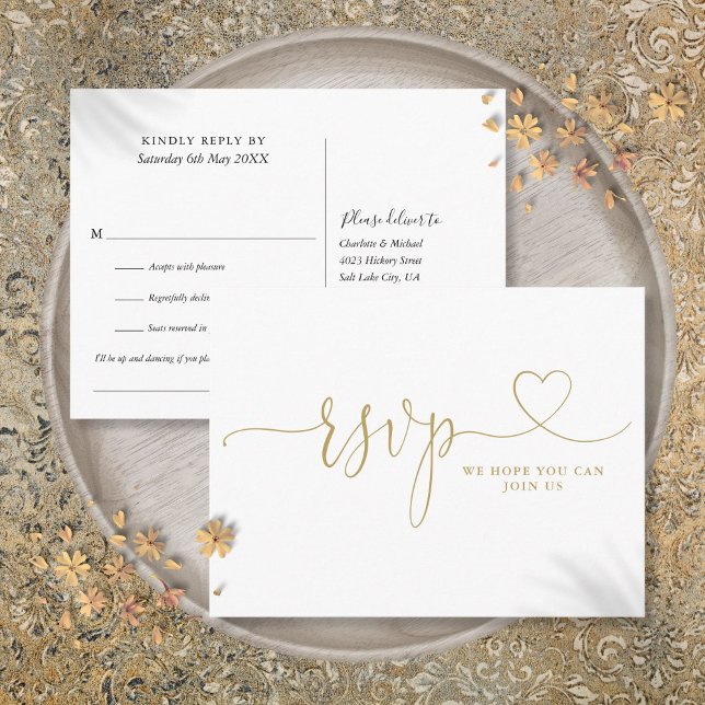 RSVP-Karte für Gold Heft Script Song anfordern Einladungspostkarte (Gold Heart Script Wedding Song Request RSVP Card)