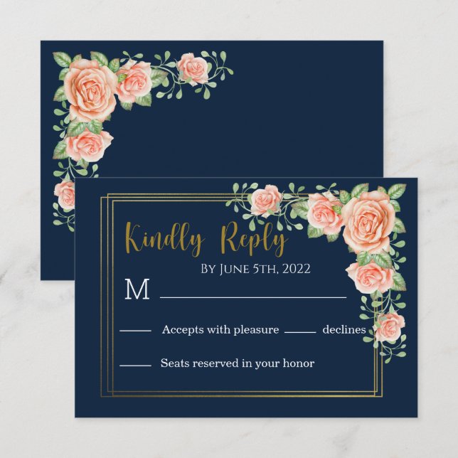 RSVP-Karte für Hochzeiten von Navy Blue Gold Blush RSVP Karte (Vorne/Hinten)