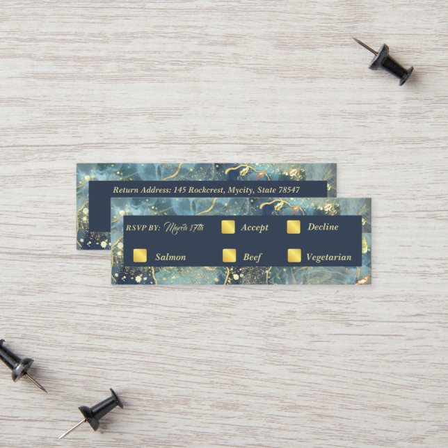 RSVP-Karte für Hochzeiten von Navy und Gold Telefonnummerkarte (Vorderseite/Rückseite Beispiel)