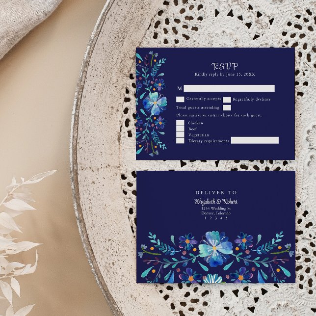 RSVP-Karte für Hochzeitsfeiern Dankeskarte (Navy Blue Mexican Floral Fiesta Wedding RSVP Card on a neutral boho wedding table.)