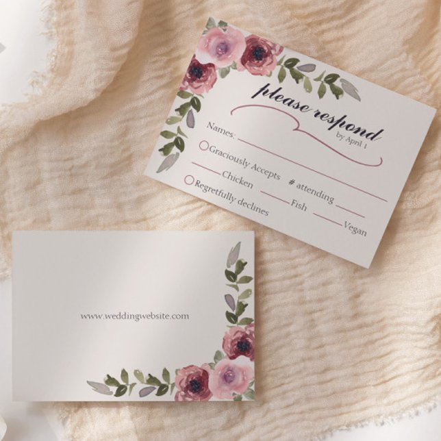 RSVP-Karte für Hochzeitsfeiern mit Aquarellfarbe B RSVP Karte (Watercolor floral pink rose with leaves RSVP response card with wedding website on back)