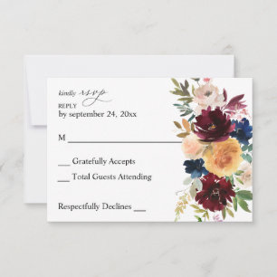 RSVP-Karte für Marine, Burgund und Rosa Blütenblät RSVP Karte