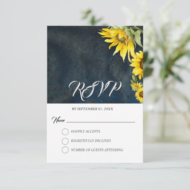 RSVP-Karte für Navy Blue & Gold Sunflows RSVP Karte (Stehend Vorderseite)
