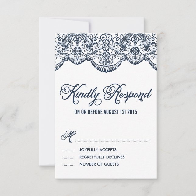 RSVP-Karte für Navy Brocade Lace Wedding RSVP Karte (Vorderseite)