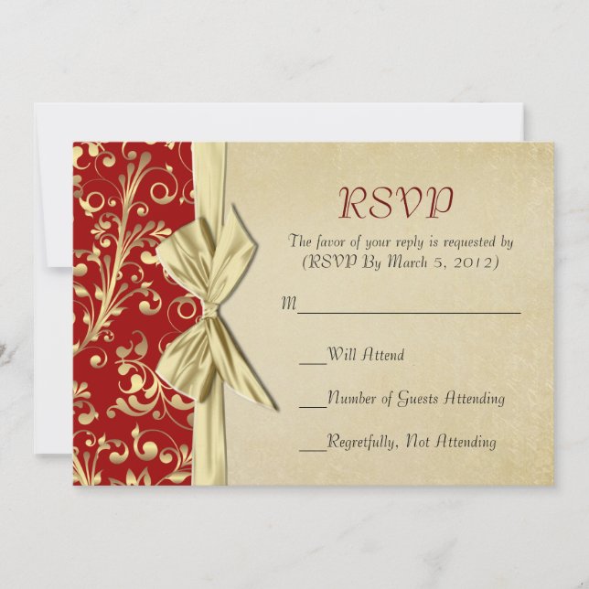 RSVP-Karte für Red/Gold Weihnachts-Ribbon-Damaskus Einladung (Vorderseite)