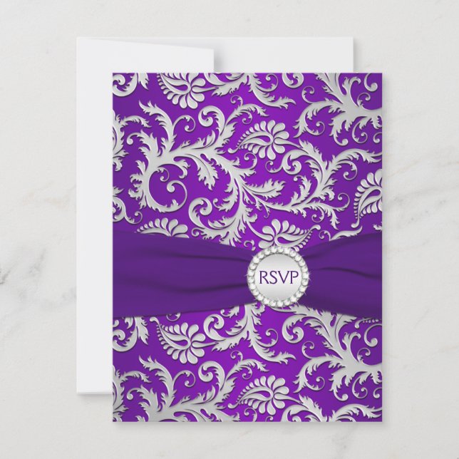 RSVP-Karte für Royal Lila und Silver Damask RSVP Karte (Vorderseite)