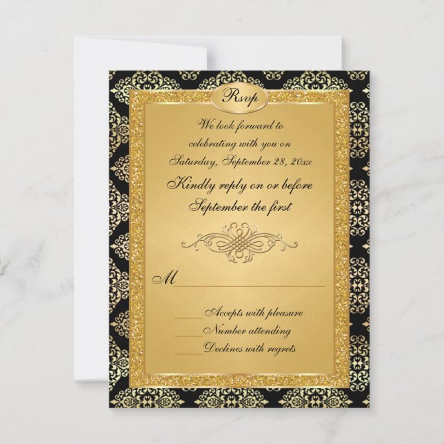 RSVP-Karte für Schwarz, Gold, IMITATS Glitzer RSVP Karte (Vorderseite)