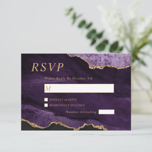 RSVP-Karte für Schwarz/Lila Goldhochzeit RSVP Karte (Stehend Vorderseite)