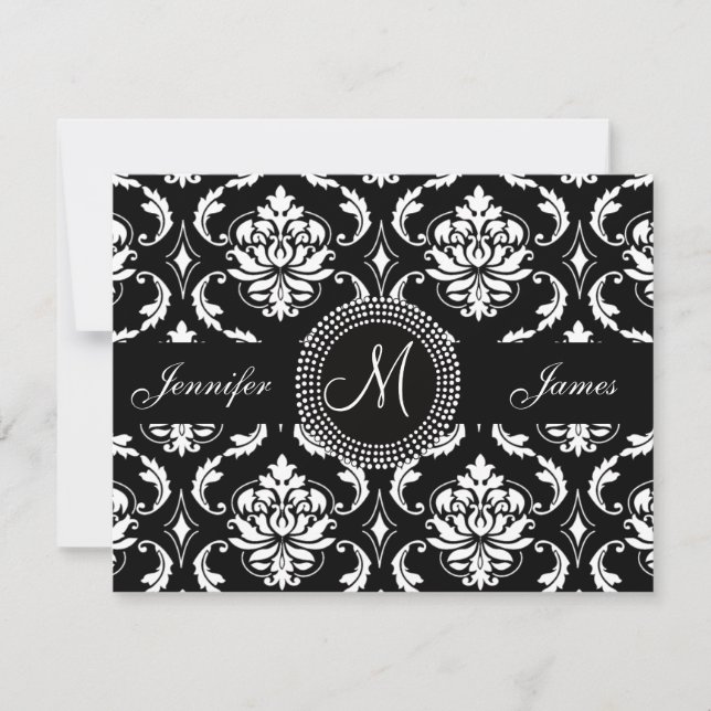 RSVP-Karte für Schwarz-Weiß-Damask Monogram RSVP Karte (Vorderseite)