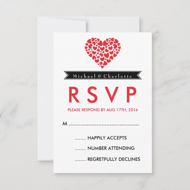 RSVP-Karte für Schwarz-Weiß-Hochzeit mit rotem Her RSVP Karte (Vorderseite)