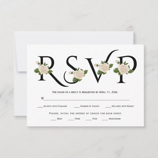 RSVP-Karte für Schwarz, Weiß und Rosen RSVP Karte (Vorderseite)