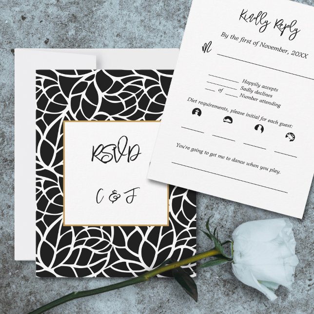 RSVP-Karte für Schwarz-weißes Abstraktes Folienzmu Einladung (Black White Abstract Foliage Pattern RSVP Card)