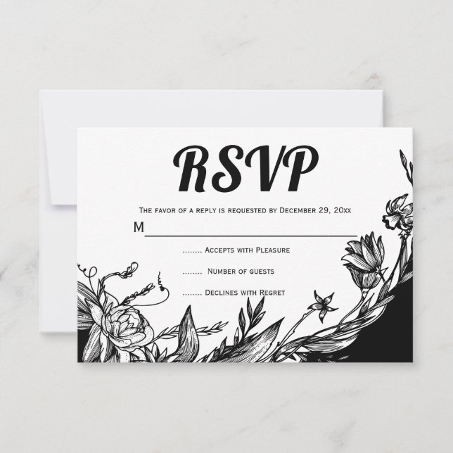 RSVP-Karte für schwarze, weiße Blume RSVP Karte (Vorderseite)